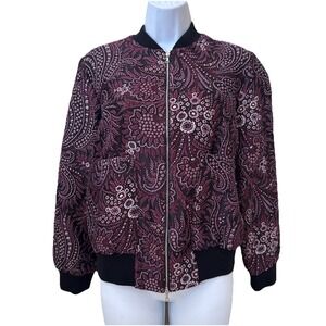 Suno Black & Purple Paisley Floral Bomber Jacket Full Zip Coat Lined Preppy Sz 2